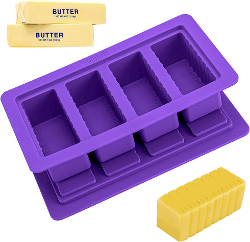 Butter Mold with Lid, Silicone Butter Tray Container for Making 4 Butter Sticks, Food Grade Silicone Butter Molds for Butter Pudding, Ice Cube, Chocolates, Cheesecake (Purple)