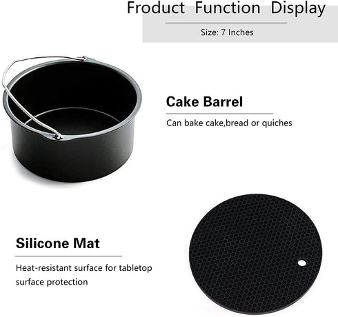 Aurkalri Air Fryer Accessories Set 5 pcs with Non-stick Barrel/Pan, Pizza Pan,Metal Holder,Roasting Racks And Silicone Mat,Fit all 3.7QT - 5.3QT(7 Inch)