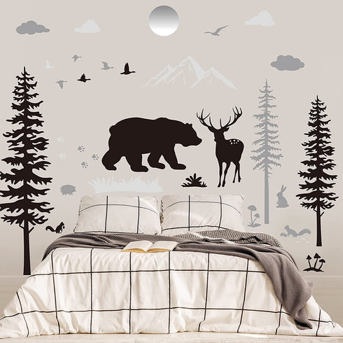 Nursery Wall Decals Forest Deers Wall Stickers Bears Pine Tree Wall Decals Mural Art Wallpaper for DIY Children Room Nursery Vinyl Removable Decals (Classic Style)