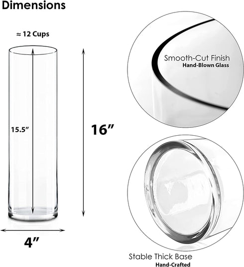 CYS Excel Clear Glass Cylinder Vase (H:16" D:4") | Multiple Size Choices Glass Flower Vase Centerpieces | Hurricane Floating Candle Holder Vase