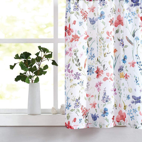 Fragrantex Print Flower Red Kitchen Curtains 45 inch length Multi-Color Linen Texture,Small Window Curtains Travel Trailer Rustic Farmhouse Floral Sheer Tiers Curtains 2 Panels Rod Pocket 28"W x 45"L