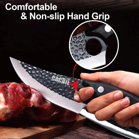 CACHIL Butcher Boning Knife Hand Forged Full Tang Kitchen Chef Meat Cleaver Knives with Sheath for Meat Cutting, BBQ, Camping, Outdoor (Black)