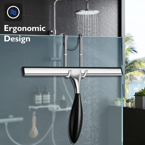 Shower Squeegee Set(12-Inch),Squeegee for Shower Glass Door,Stainless Steel Window Squeegee with Shower Door Hook and Adhesive Hook,for Glass Doors, Mirror,Bathroom, Window-Black