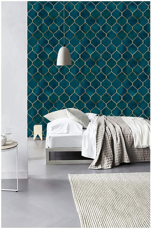 HaokHome 96034 Peel and Stick Wallpaper Graphic Trellis Sapphire Blue/Gold Removable contactpaper for Home Bathroom Decorations 17.7in x 118in
