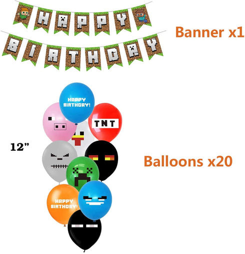 Pixel Style Gamer Party Supplies, Miner Theme Birthday Party Favors and Decors Set Includes 1 Banner, 20 Balloons, 24 Cupcake Toppers, 24 Wrappers, 18 Bracelets