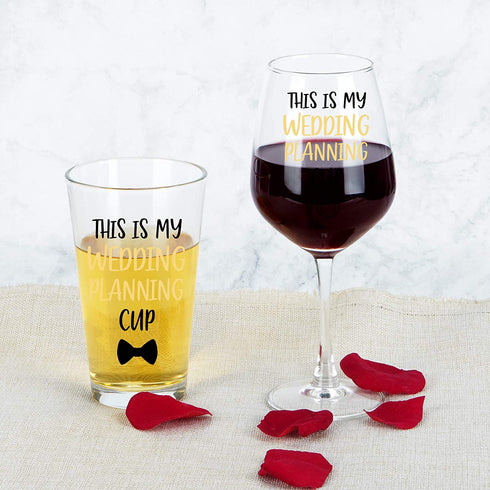 This is My Wedding Planning Cup, Beer Glass and Wine Glass Set for Him Her Couples Newlyweds Engagement Party Wedding Valentine's Day, Novelty Wedding Gift Idea for Bride and Groom, 15Oz (Set of 2)