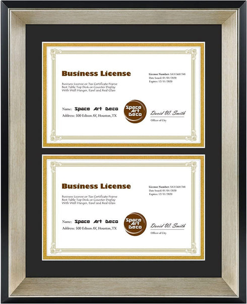 Space Art Deco, 11x14 Picture Frame with 2 Opening for Two 5.5x8.5 Business Licenses with Mat or 11x14 Frame Without Mat.Wall Display Horizontal or Vertical, High Definition Glass (Black with Silver Beveled Design)