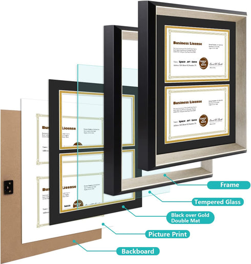 Space Art Deco, 11x14 Picture Frame with 2 Opening for Two 5.5x8.5 Business Licenses with Mat or 11x14 Frame Without Mat.Wall Display Horizontal or Vertical, High Definition Glass (Black with Silver Beveled Design)