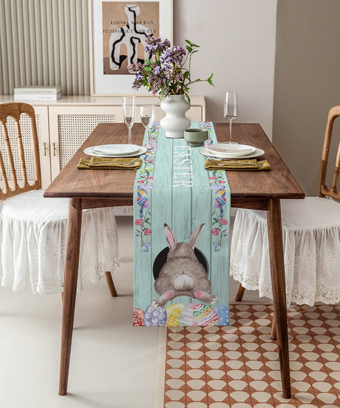 SUN-Shine Spring Table Runner Easter Rabbit on Farm Wooden Dresser Scarves-70inch Long,Teal Turquoise Linen Burlap Eggs and Floral Table Runners Cloth for Kitchen Dining April Holiday Party Decor