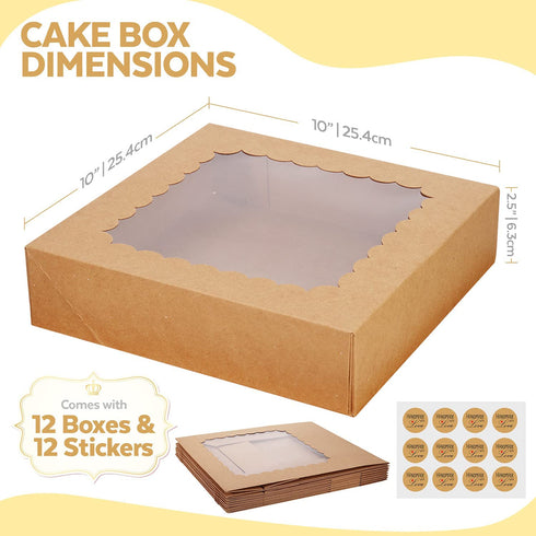 Cake Boxes 10 Inch and Stickers, (12-Pack) Kraft Bakery Box with Viewing Window for Cakes, Cupcakes, Cookies, Donuts, Pastries, and More 10x10x2.5 Brown Cake Box