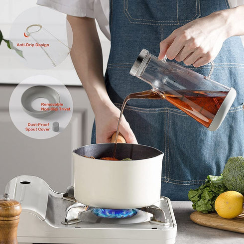 Olive Oil Dispenser Bottle - NISVDID Cooking Oil Dispenser Bottle with Drip Free Spout and Non Slip Trivet for Salad, Barbecue, Grill (18.6OZ/ 550ML)