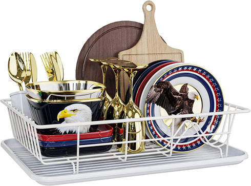 Dish Drying Rack, Veckle Sink Side Dish Rack with Drainboard Cutlery Utensil Holder Dish Drainer Wire Rack for Kitchen Countertop, White