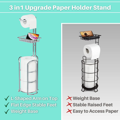 Toilet Paper Holder Stand with Reserve and Dispenser for 4 Mega Rolls, Bathroom Freestanding Toilet Tissue Paper Roll Storage with Cell Phone Shelf, Chrome