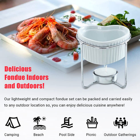 Yumchikel 2 Pieces Fondue Set, 4 oz Heart Shaped Ceramic Melting Pot with Serving Fork, Steel Stand, and Tea Light Candle, Fondue Pot Set for Melting Butter, Chocolate, Cheese and Serving Seafood