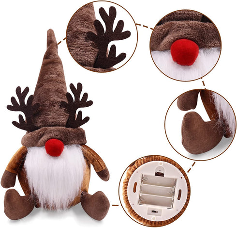 Christmas Gnomes with Light Rudolph Red Nose Gnome Couple Plush Reindeer Decorations Winter Holiday Elf Scandinavian Collectible Figurines Handmade Swedish Tomte Xmas Ornaments Gift Idea Set of 2
