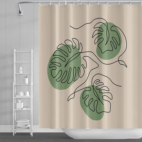 Aesthetic Tropical Leaves Shower Curtains, Watercolor Modern Summer Minimalistic Style Green Jungle Palm Leaf Bathroom Curtains with Hooks 72x72, Fabric Waterproof