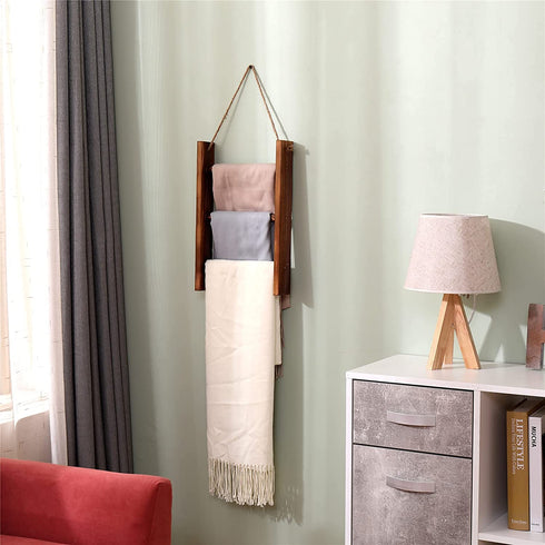 Ladder Towel Rack Wall Hanging Rustic Wood Blanket Holder for Bathroom Farmhouse Decor Ladder Hand Towels Stand with Rope Wall-Mounted Towel Storage Rack Shelf.(Brown)