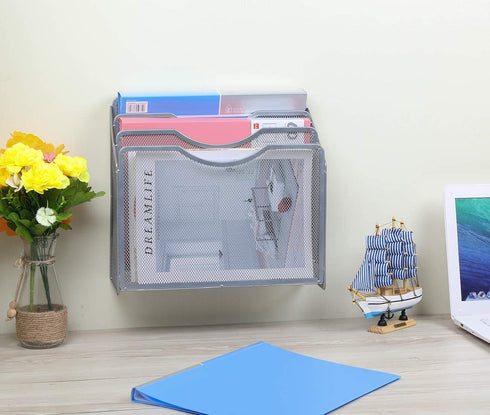 EasyPAG Mesh Desktop/Wall Mounted File Holder Organizer Literature Rack Silver