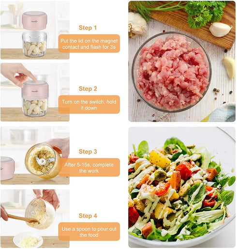 Electric Mini Garlic Chopper 2PCS Cups, Wireless Powerful Garlic Press Chopper, Portable 250ml+100ml Cups Garlic Blender For Vegetable, Fruit, Onions, Meat, Salad, Baby Food, IP68 Waterproof (Pink)