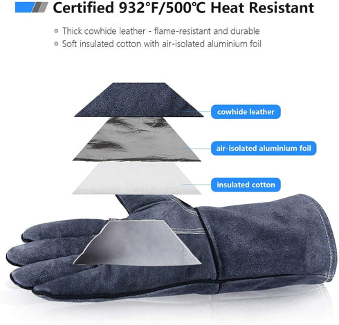 932°F Heat Resistant Leather Forge Welding Gloves Grill BBQ Glove for Tig Welder/Grilling/Barbecue/Oven/Fireplace/Wood Stove - Long Sleeve and Insulated Lining for Men and Women (Gray,14-inch)