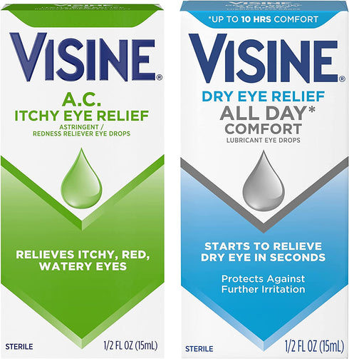 Visine A.C. Itchy Eye Relief Eye Drops for Relief of Red, Itchy, Watery Eyes & Visine Dry Eye Relief All Day Comfort Lubricant Eye Drops for Relief of Dry Eyes, Value Multipack, 2 Items
