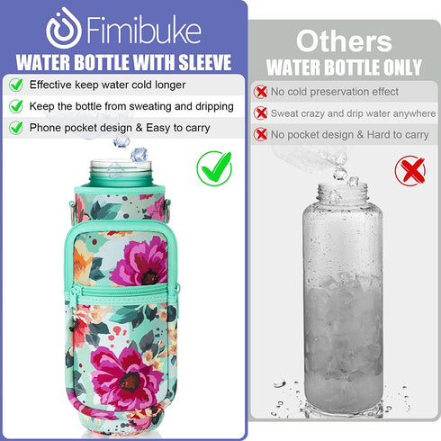 32 oz Water Bottle with Sleeve - BPA Free Leakproof Sport Large 1L Plastic Motivational Water Bottle with Straw & Strap & Insulated Neoprene Holder Carrier Bag Great Xmas Gift for Kids Women Men