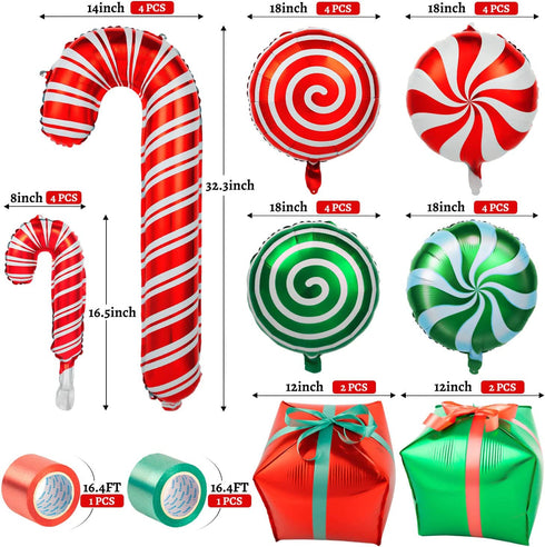 30Pcs Christmas Foil Balloons, Large Candy Cane Swirl Mylar Balloons with Ribbons, Red Green Balloons for Birthday and Candies Theme Party Decorations