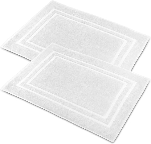 TALVANIA Bath Mat Floor Towel for Bathroom 22 x 32 Banded Rug - 100% Ring Spun Cotton Highly Absorbent Machine Washable 2 Pack White Non Rubber Backing Mats Shower Spa Hotel