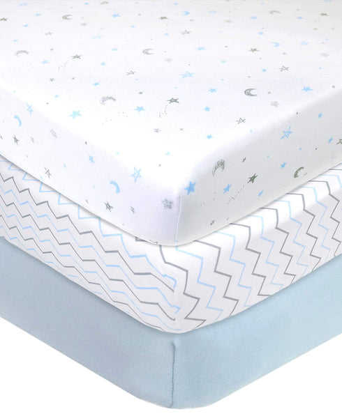 American Baby Company 3 Pack Printed 100% Natural Cotton Jersey Knit Fitted Pack N Play Playard Sheet, Blue Star/Zigzag, Soft Breathable, for Boys and Girls