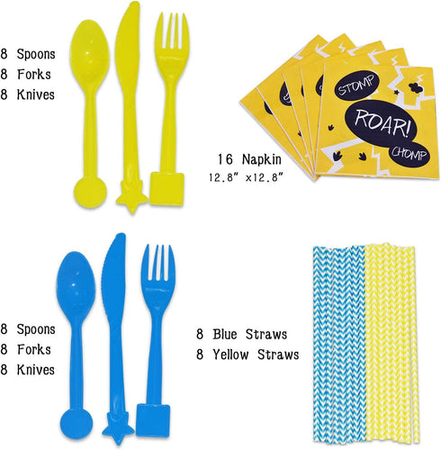 WERNNSAI Dinosaur Party Supplies Set - Dinosaur Themed Party Decoration for Boys Kids Birthday Cutlery Bag Table Cover Plates Cups Napkins Straws Utensils Banner & Balloons Serves 16 Guests 169 PCS