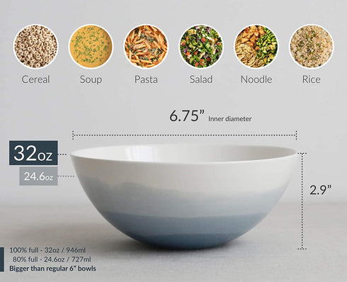 Luna 4PC 6.75" 32oz Calm Blue Porcelain Bowls | Microwave safe bowls l Cereal bowls | Pasta bowl | Large soup bowl | ceramic bowl | Kitchen bowls | Salad Bowls | Noodle bowls| Big bowl | Serving bowls