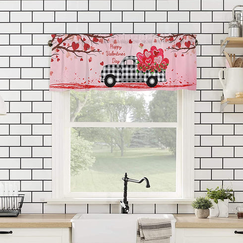 Kitchen Cafe Window Valance Valentine's Day Red Love Tree Rod Pocket Short Curtain Panel Spring Curtains, Romantic Farm Truck with Heart Window Treatments Drapes for Living Room Bathroom Bedroom