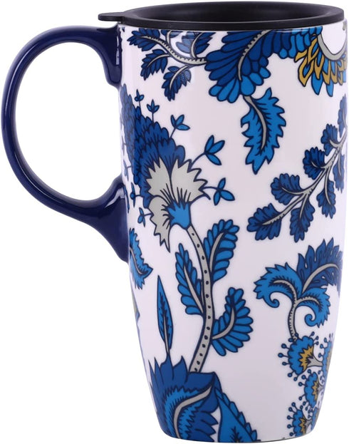 Ceramic Mug with Lid and Handle,17oz. Tall Coffee Cup for Home,Party and Birthday,Blue Flower