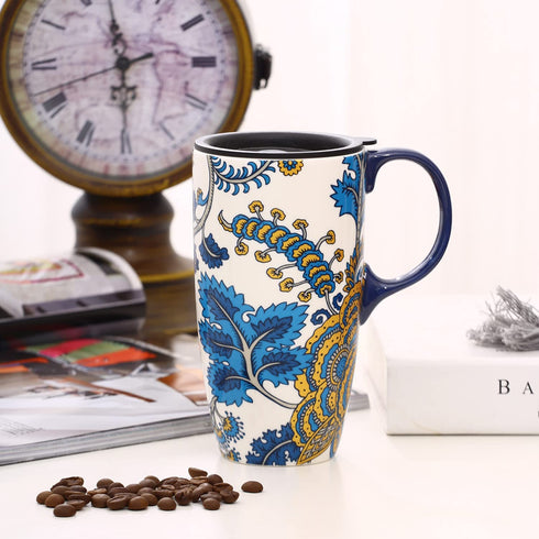 Ceramic Mug with Lid and Handle,17oz. Tall Coffee Cup for Home,Party and Birthday,Blue Flower