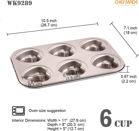 CHEFMADE Donut Mold Cake Pan, 6-Cavity Non-Stick Heart-Shaped Doughnut Bakeware for Oven Baking (Champagne Gold)