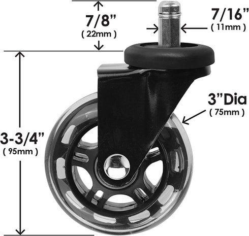 Slipstick CB690 Floor Protecting Rubber Office Chair Caster Wheels (Set ff 5), Roller Style, Universal 7/16" Stem, 3" Black Castors