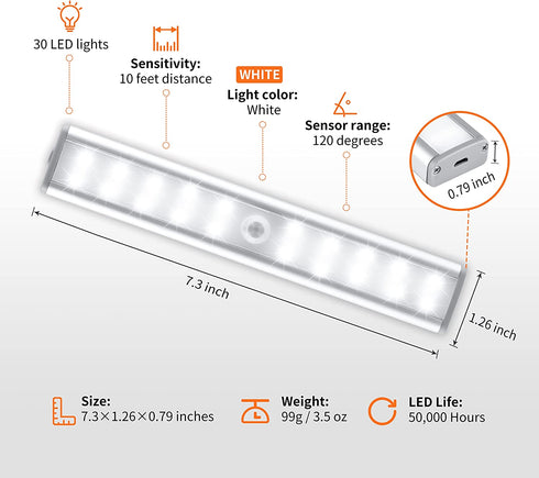 30 LED Closet Lights 3 Pack, Otdair Dimmable Closet Lights Motion Sensored, Rechargeable Under Cabinet Lighting Stick-on Anywhere, for Kitchen, Wardrobe, Stairs, Bedroom, Hallway
