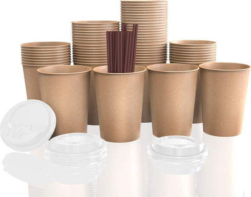 8 oz Disposable Coffee Cups, with White Lids & Straws, for Coffee Beverages and Cold Drinks, 50 Sets.