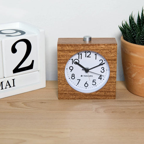 Navaris Wood Analog Alarm Clock - Square Battery-Operated Non-Ticking Clock with Snooze Button and Light - Dark Brown