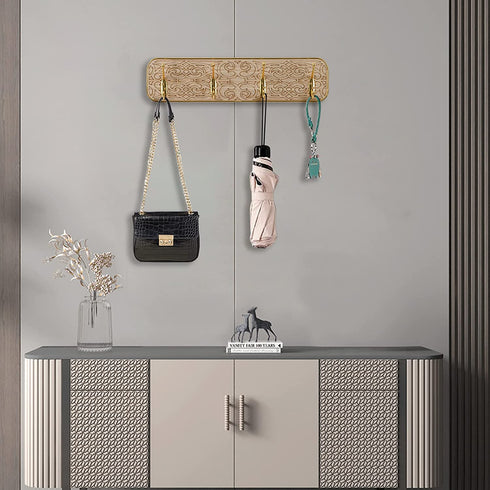 Wall Mounted Coat Rack, 2 Packs Gold Coat Hooks with 4 Hooks, Bag Purse Hat Umbrella Hanger for Wall Organizer and Storage in Cubicle Living Room Bedroom Entryway Closet Room Office