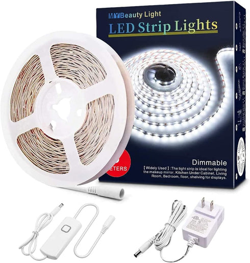 White LED Strip Lights, 16.4ft Dimmable LED Light Strip with Memory Function, 300 Bright 6500K 2835 LEDs, Self-Adhesive 12v Flexible LED Rope Lights for Kitchen Cabinet Mirror Bedroom Closet Decor