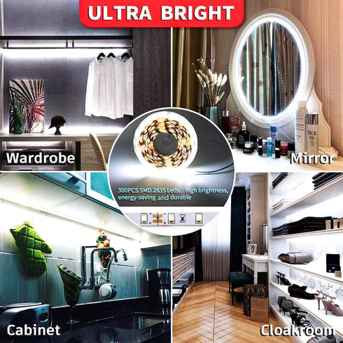 White LED Strip Lights, 16.4ft Dimmable LED Light Strip with Memory Function, 300 Bright 6500K 2835 LEDs, Self-Adhesive 12v Flexible LED Rope Lights for Kitchen Cabinet Mirror Bedroom Closet Decor