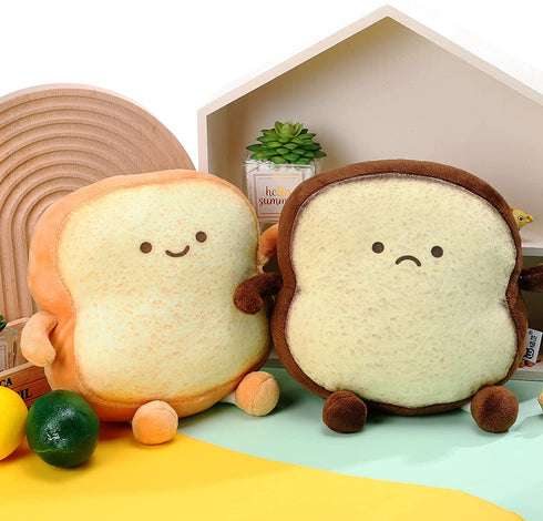 2 Pieces Toast Bread Pillows Bread Shape Pillows 2 Styles Funny Food Bread Pillow Facial Expression Stuffed Plush Toast Sofa Pillow Food Cushion Stuffed Toy for Kids Adults Home Room Decor