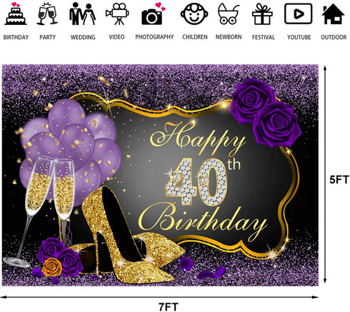 Happy 40th Birthday Backdrops Shining Purple Dots and Gold Frame Photography Background for Party Decorations Rose Floral Balloons Heels Champagne Glass Party Banner Supplies Photo Studio Props 7x5ft
