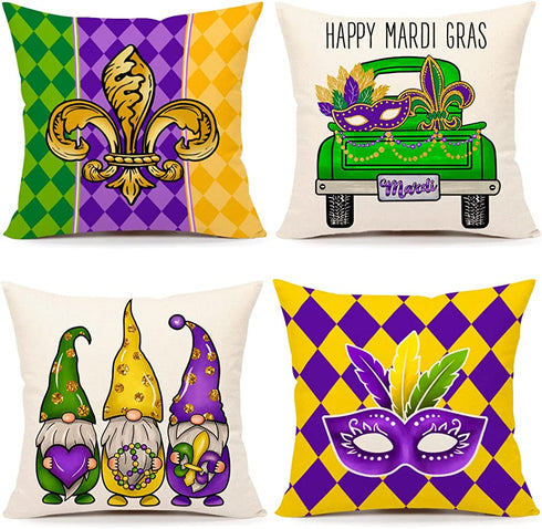 4TH Emotion Mardi Gras Pillow Covers 18x18 Set of 4 Spring Farmhouse Decor Beads Eye Mask Fleur De Lis Feather Gnomes Truck Holiday Decorations Throw Cushion Case for Home Decorations TH084