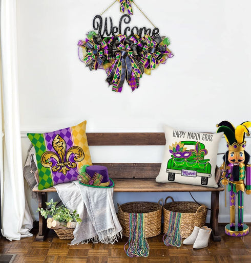 4TH Emotion Mardi Gras Pillow Covers 18x18 Set of 4 Spring Farmhouse Decor Beads Eye Mask Fleur De Lis Feather Gnomes Truck Holiday Decorations Throw Cushion Case for Home Decorations TH084