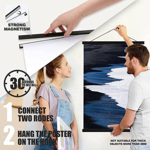 Ywlake Magnetic Poster Hanger, 21x21 21x15 21x27 Poster Frame Wood Wooden Magnet Print Posters Dowel Scroll Hanger Hangers Hanging Kit for Walls Map Canvas Artwork (Black, 21")