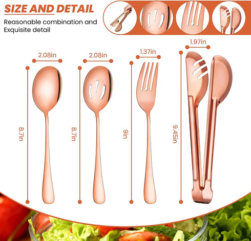 Stainless Steel Serving Utensils Large Serving Spoon Set of 9.45 Inch Metal Tongs 9 Inch Serving Forks 8.7 Inch Slotted Spoons 8.7 Inch Serving Spoons for Kitchen Party Supply (Rose Gold,8 Pieces)