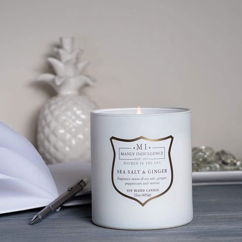 Manly Indulgence Sea Salt & Ginger Scented Jar Candle, Signature Collection, Soy Wax Blend, Wooden Wick, 15oz, White