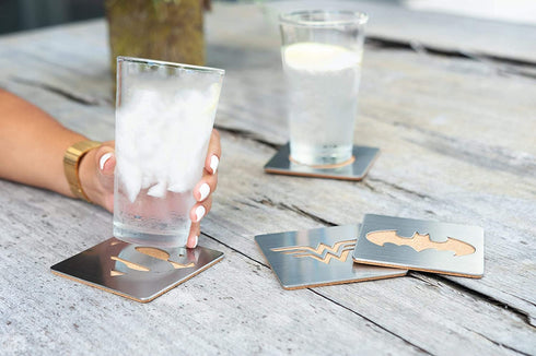 DC Comics Superhero Logo 4-Piece Coaster Set | Batman, Superman, Wonder Woman & The Flash Laser-Cut Justice League Logos - Sturdy, Unique Cork & Ceramic Design - Great Gift Idea